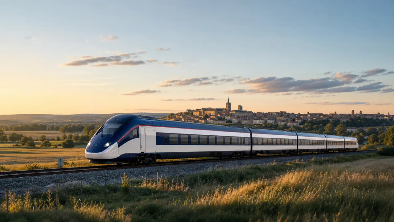 Illustration of a high-speed train crossing the French countryside at sunset